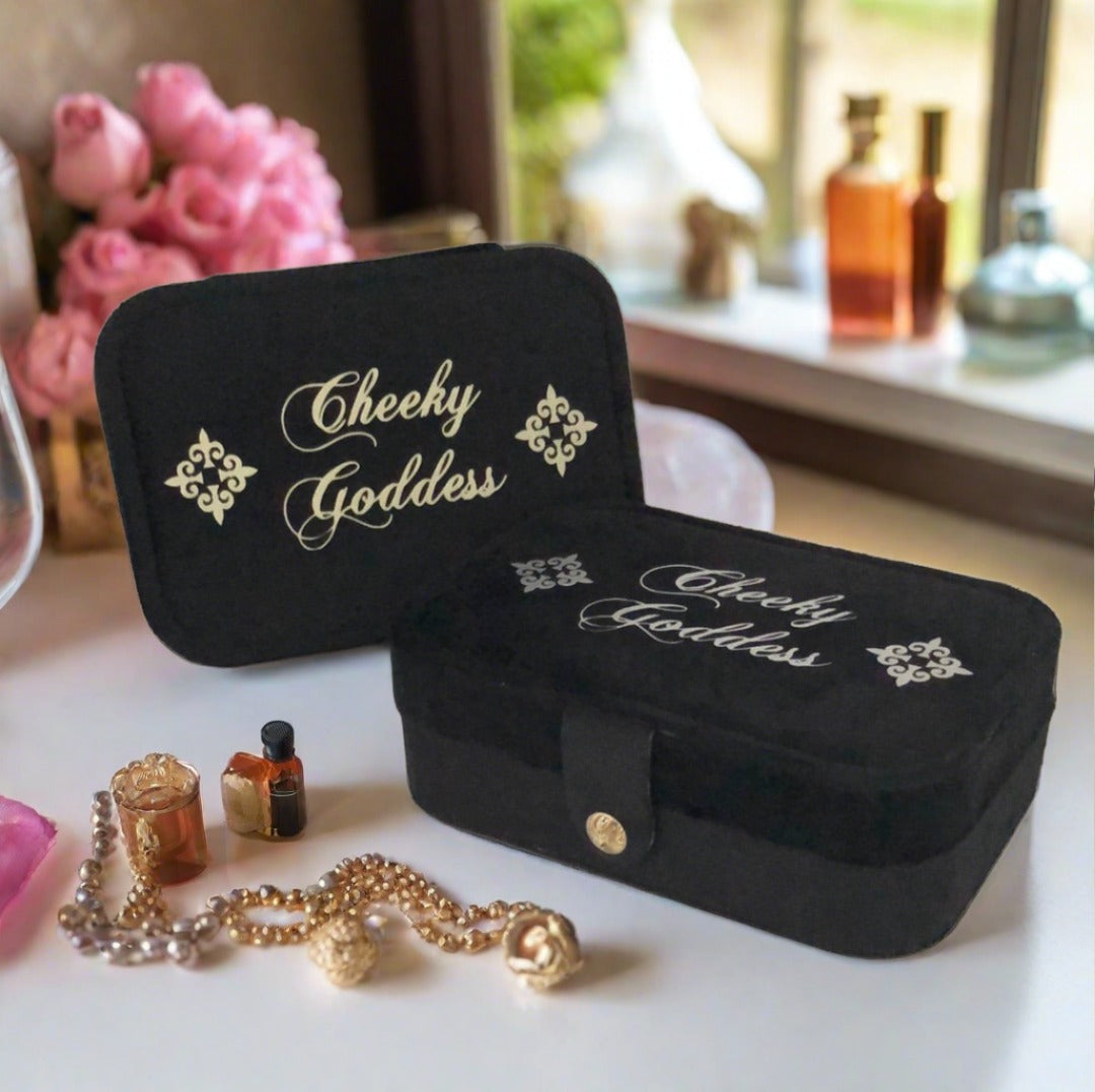 Custom Name Velvet Jewellery Box - Black - Personalized Gifts for Her - For Dresser or Travel - Cheeky Goddess