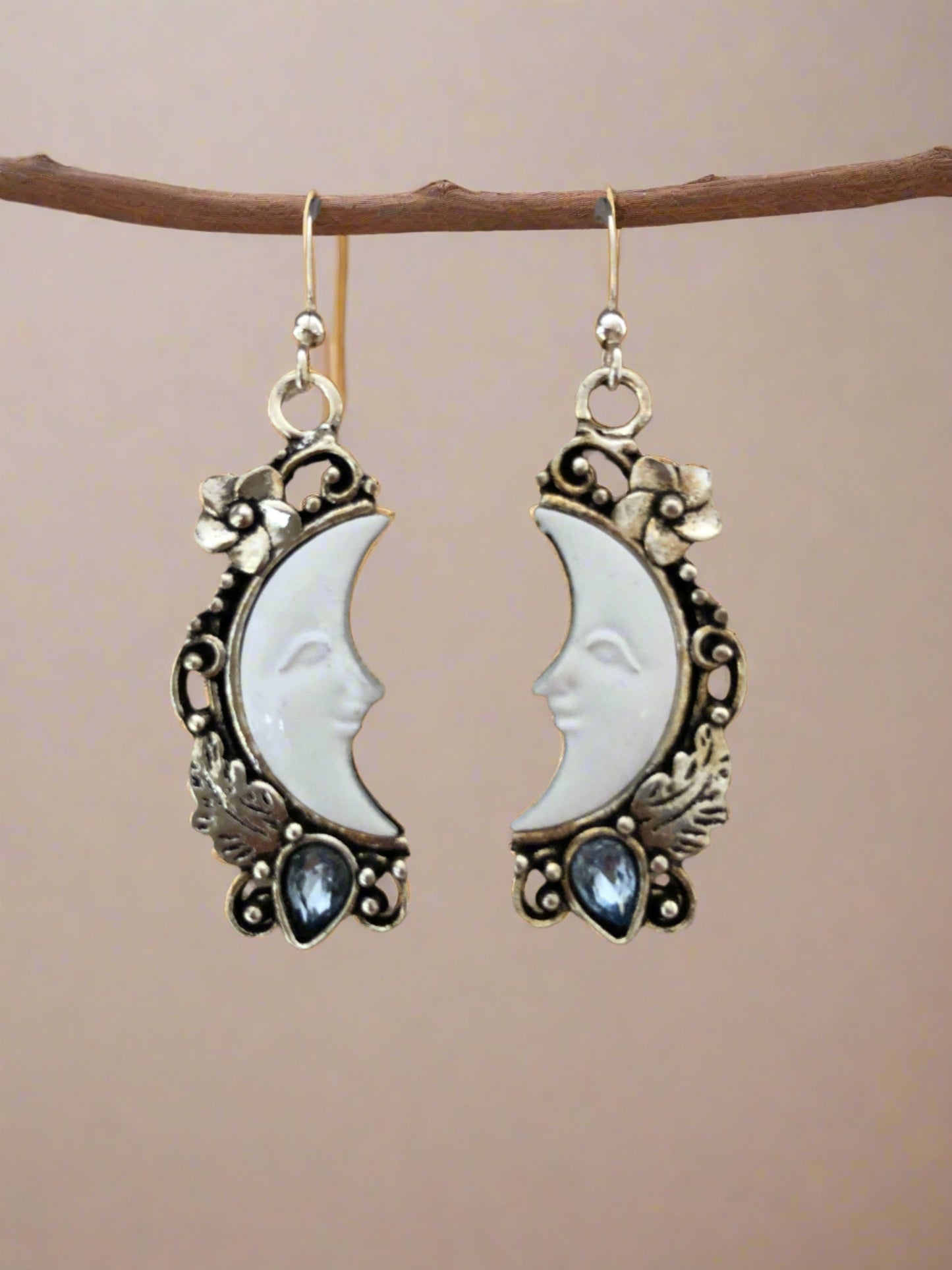 Crescent Moon Earrings with Blue and Flower Accents - Cheeky Goddess