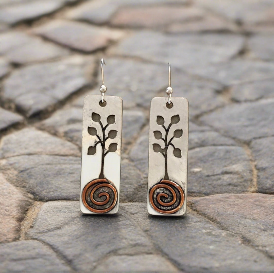 Rectangular Tree with Leaf Cutouts and Copper Colored Swirl Earrings - Cheeky Goddess