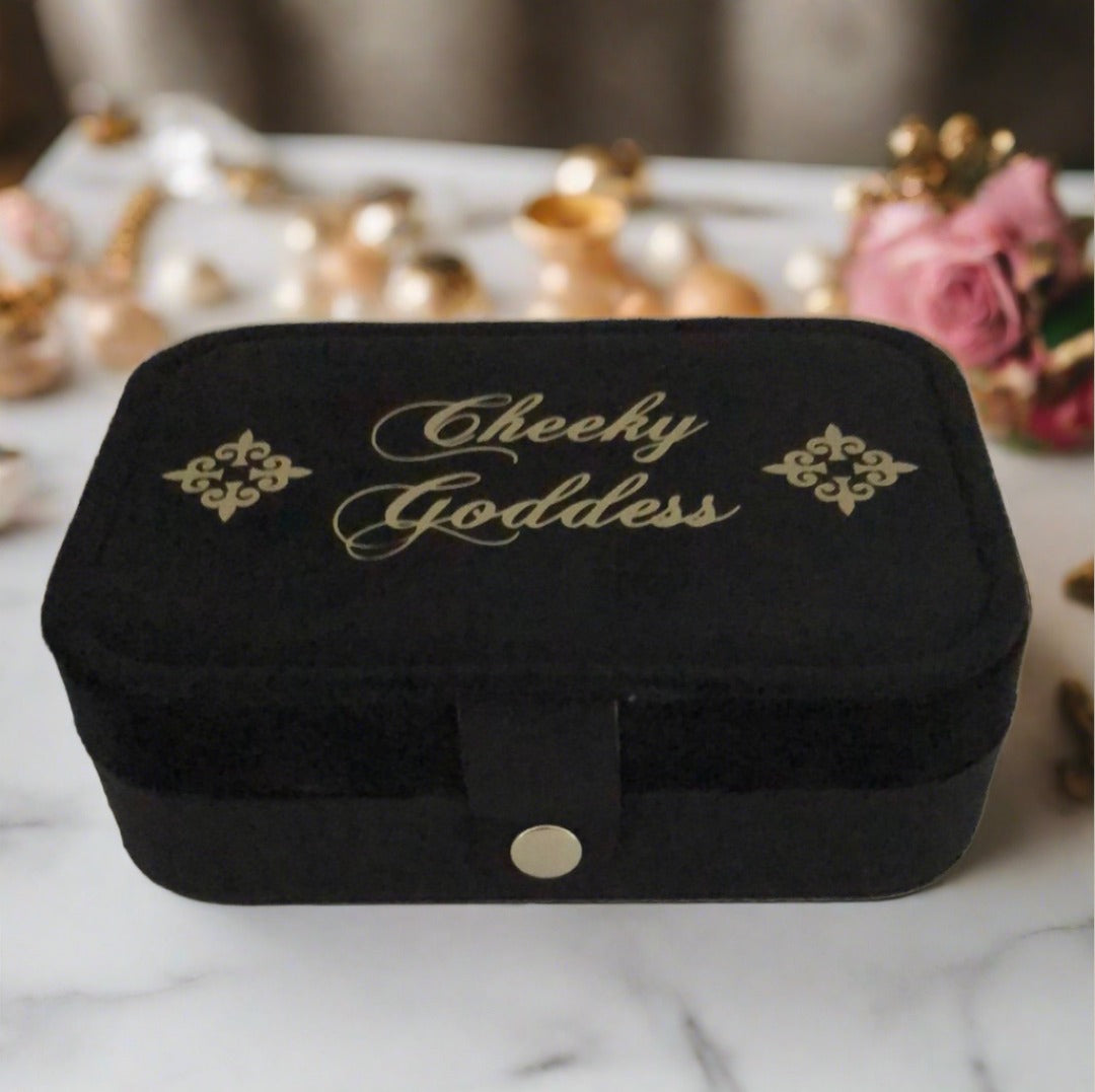 Custom Name Velvet Jewellery Box - Black - Personalized Gifts for Her - For Dresser or Travel - Cheeky Goddess