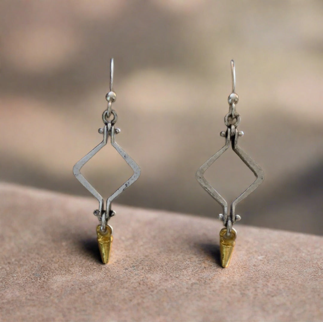 Silver Hinged Diamond Shaped Earrings with Gold Accent - Cheeky Goddess