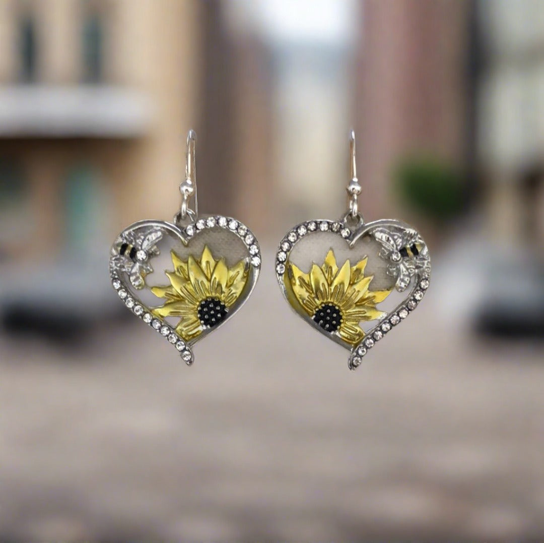 Heart Shaped Earrings with Sunflowers, Bees and Diamante Accents - Cheeky Goddess