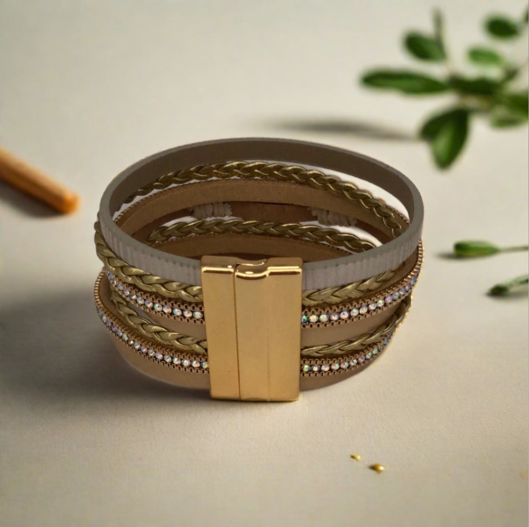 Brown Toned Magnetic Bracelet with Gold, Diamante and Pearl Accents - Cheeky Goddess