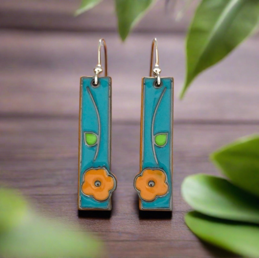 Rectangular Enamel Earrings - Blue with Orange Flower - Cheeky Goddess