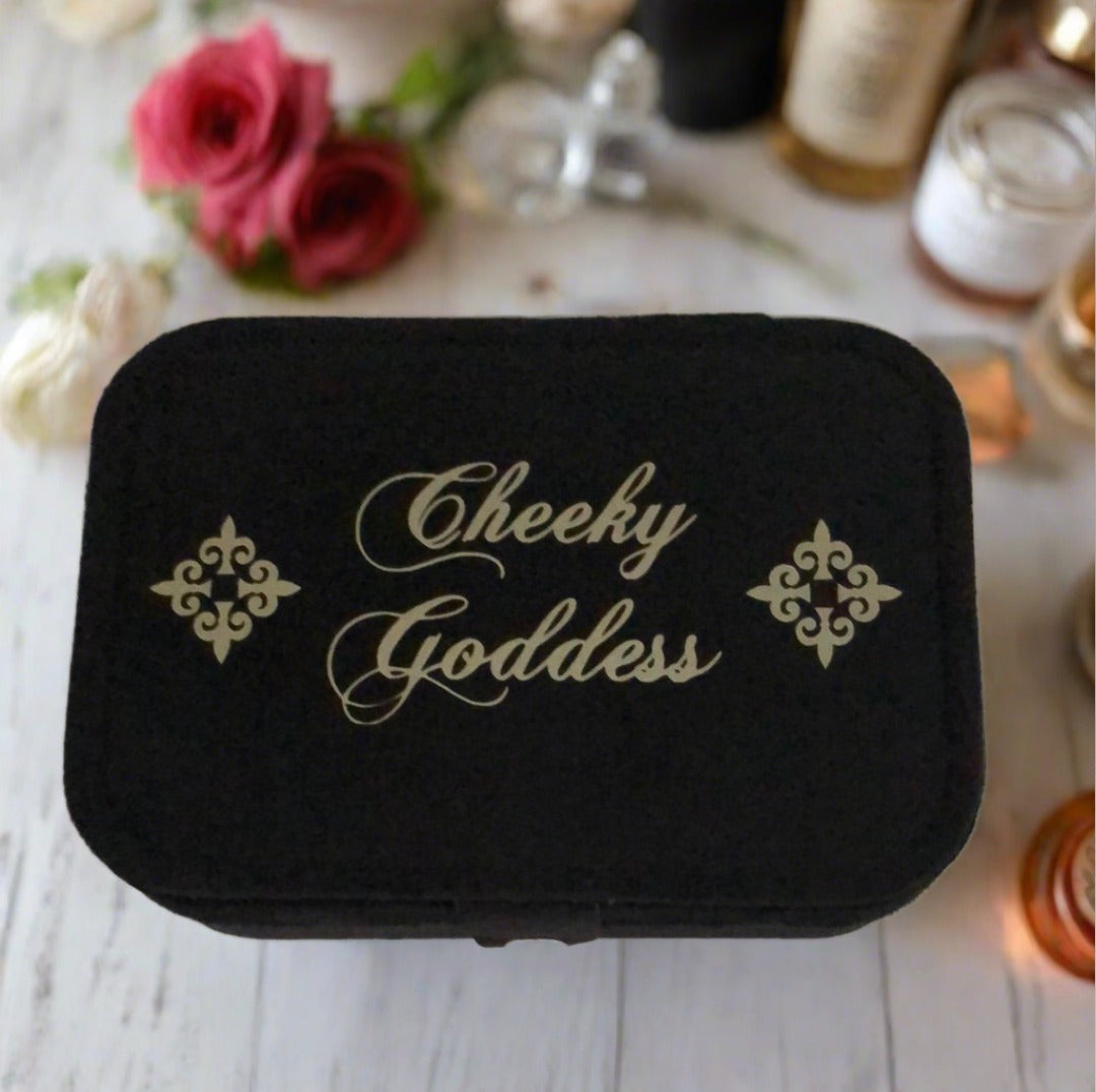 Custom Name Velvet Jewellery Box - Black - Personalized Gifts for Her - For Dresser or Travel - Cheeky Goddess