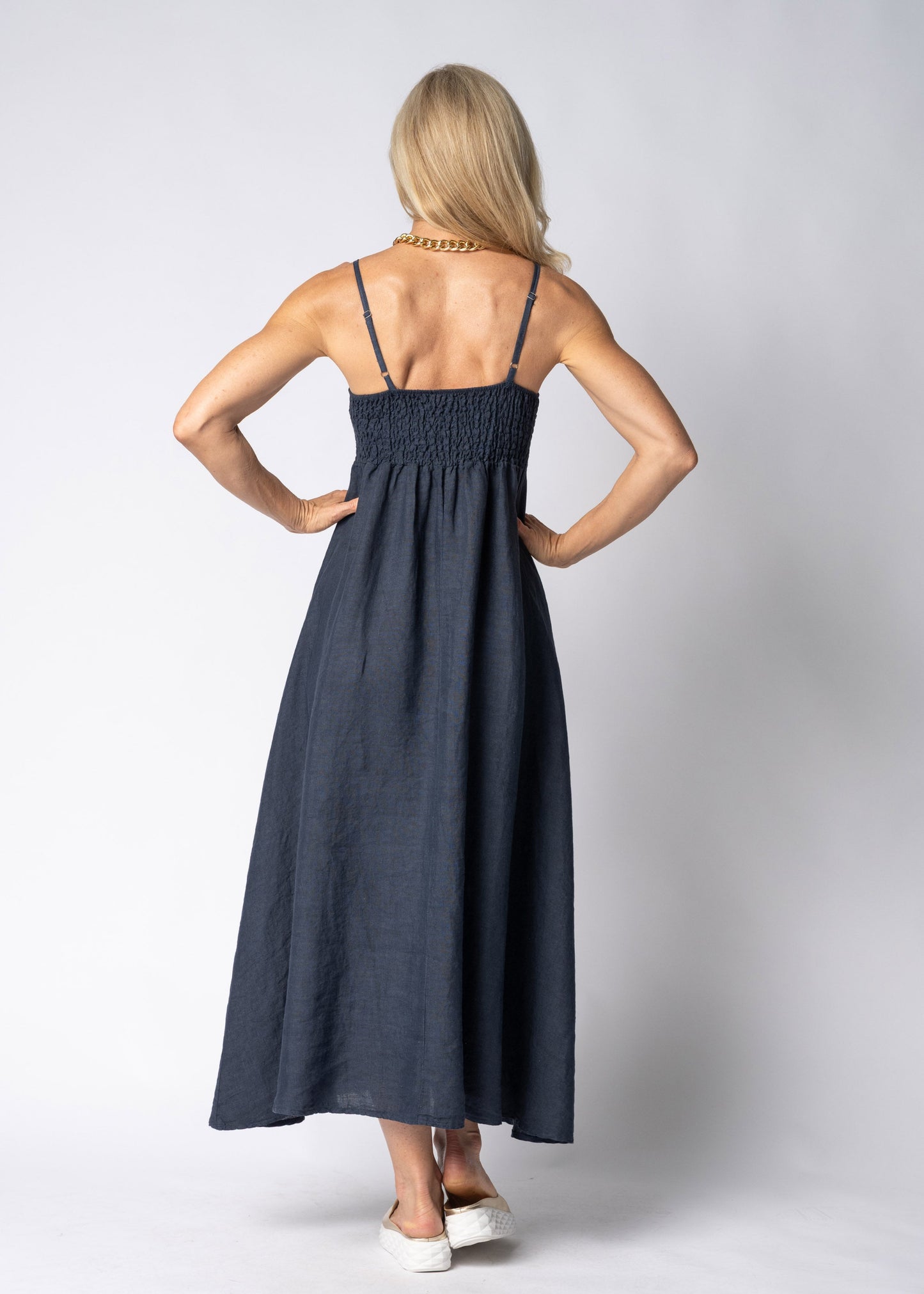 Adelina Linen Dress in Navy