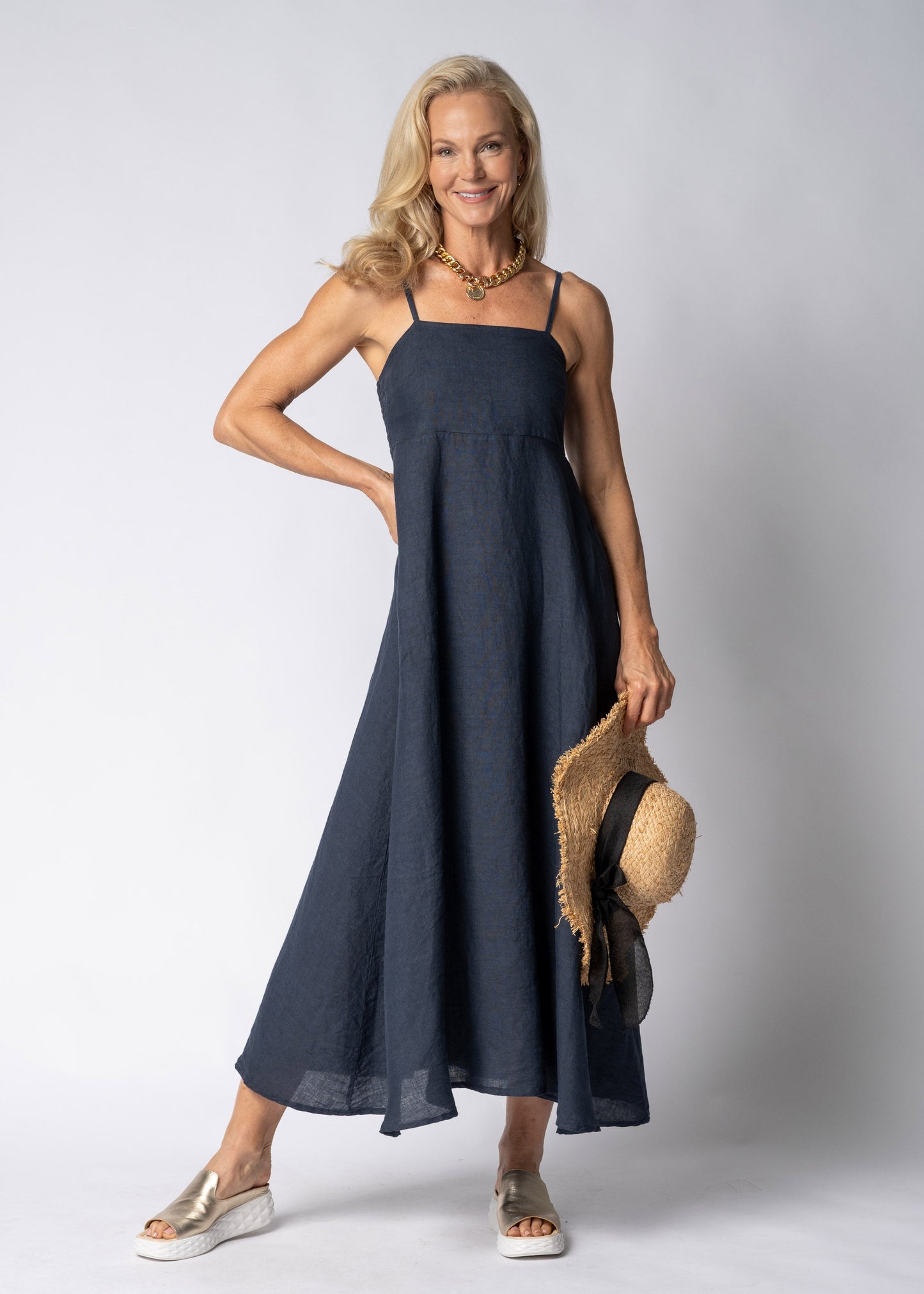 Adelina Linen Dress in Navy