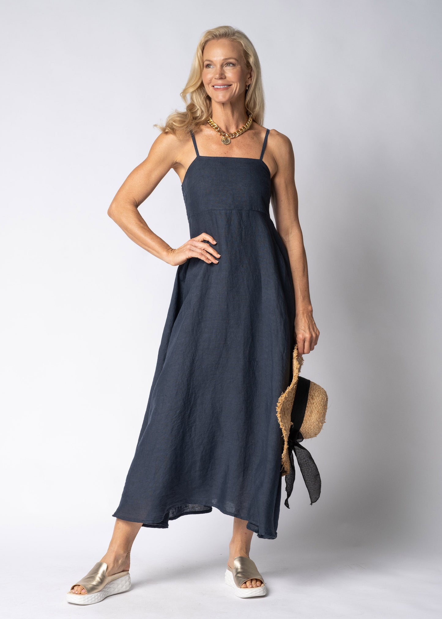 Adelina Linen Dress in Navy