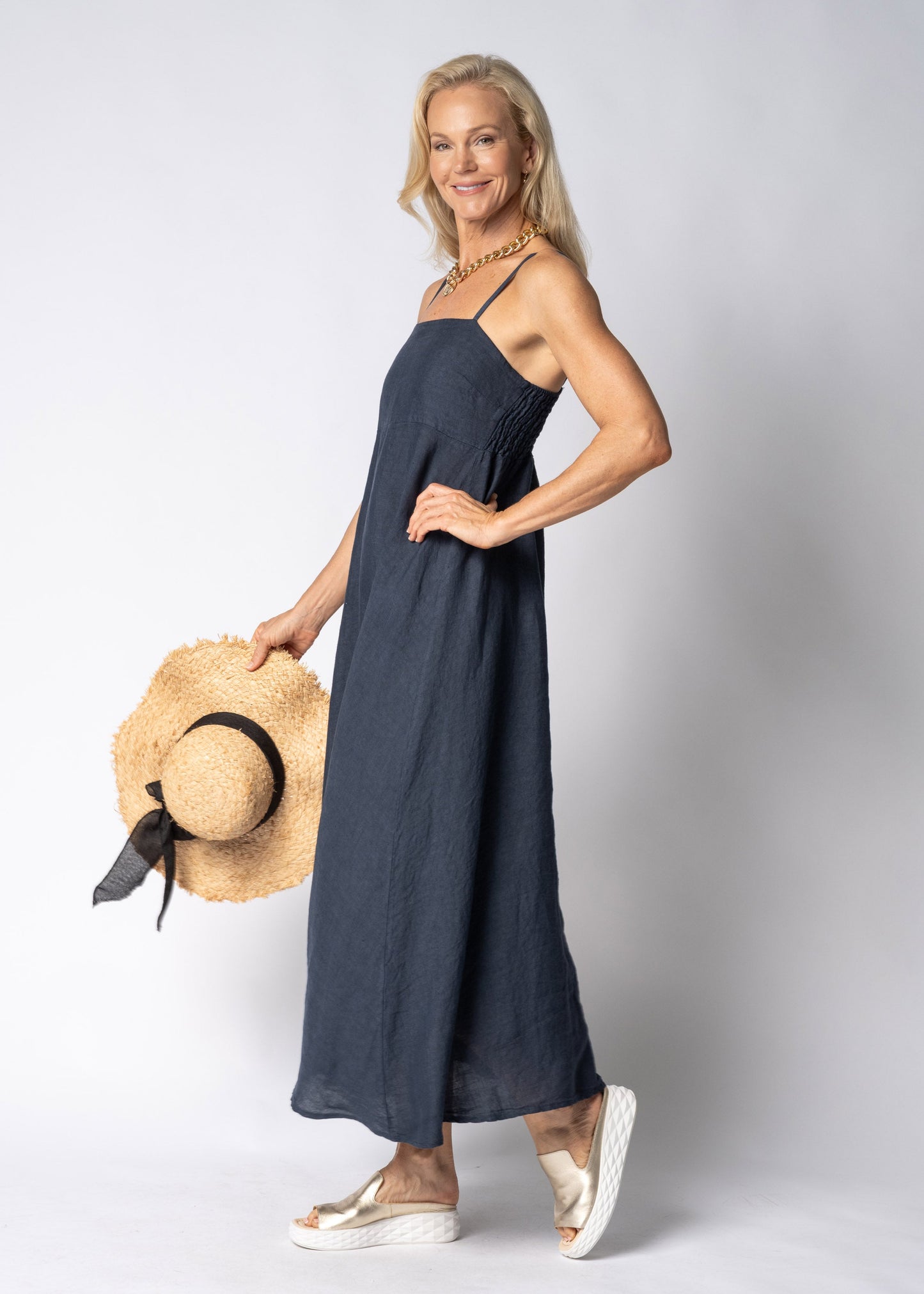 Adelina Linen Dress in Navy