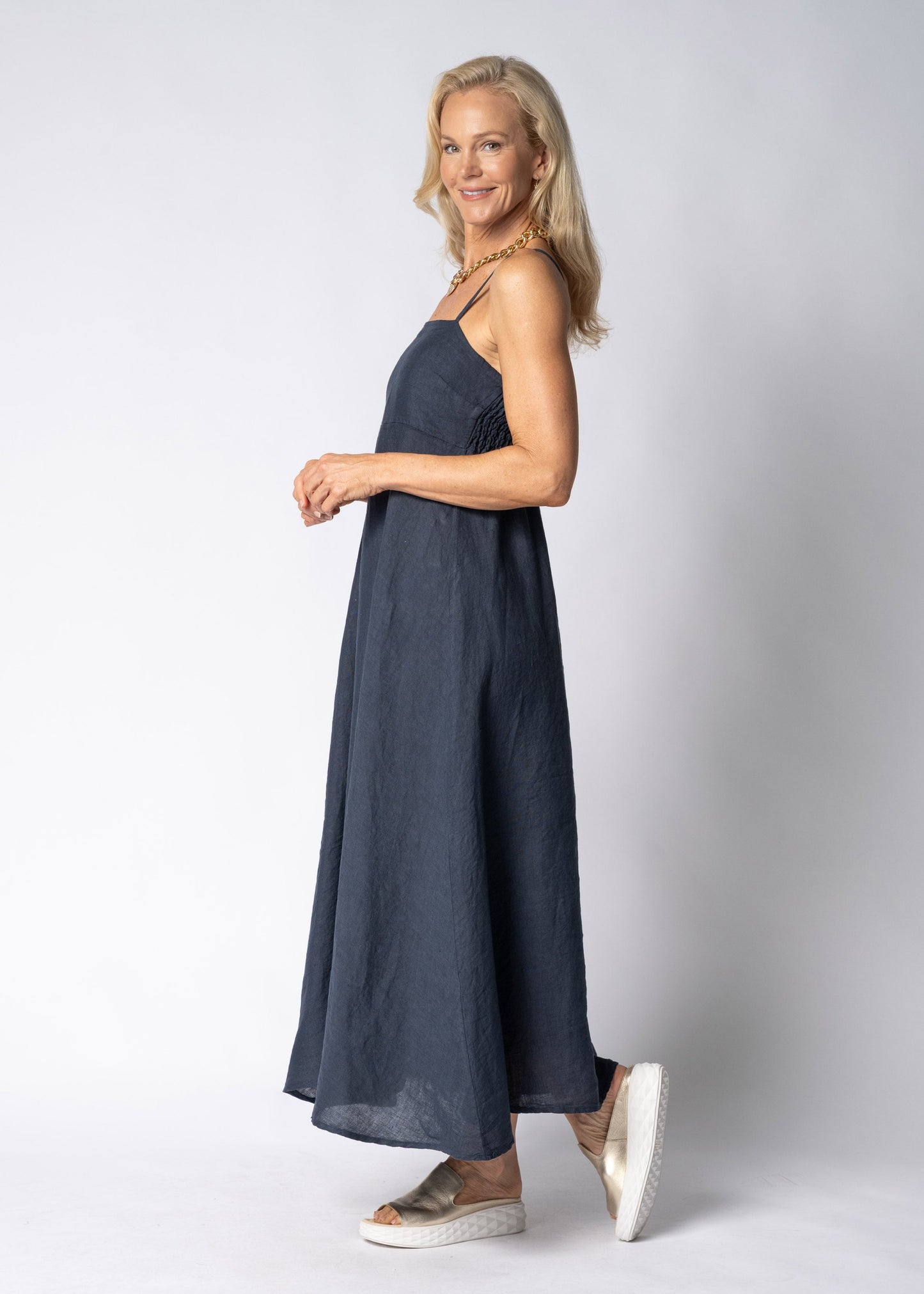 Adelina Linen Dress in Navy