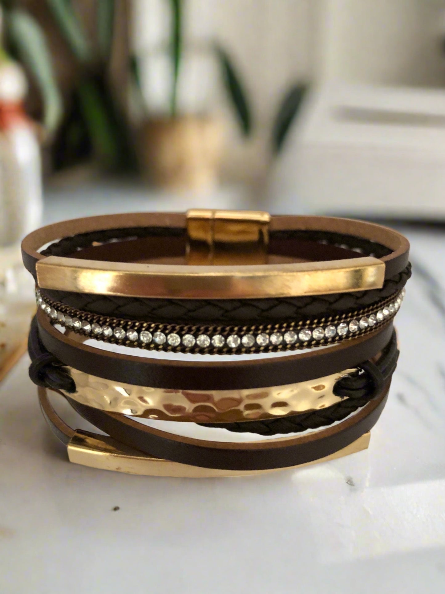 Brown with Gold Accents and Diamante Magnetic Clasp Bracelet - Cheeky Goddess