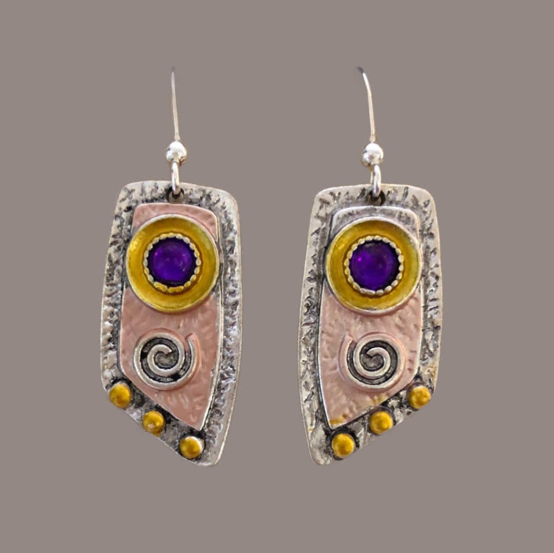 Swirl Earrings with Accents of Purple, Pink and Gold on Silver Background - Cheeky Goddess