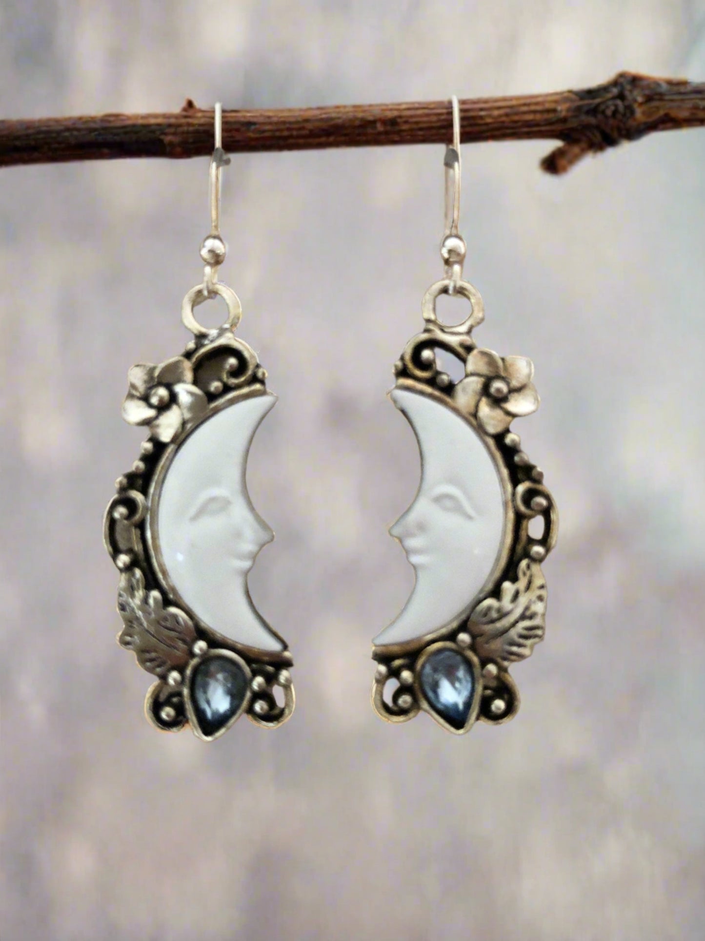 Crescent Moon Earrings with Blue and Flower Accents - Cheeky Goddess