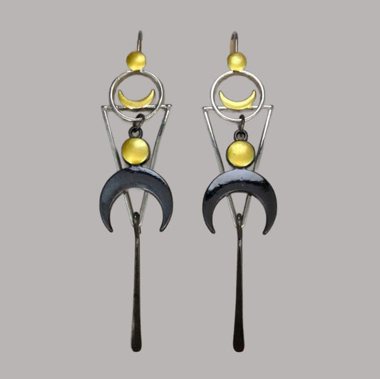 Moon with Triangle and Circle Shapes Earrings with Grey and Yellow Accents - Cheeky Goddess