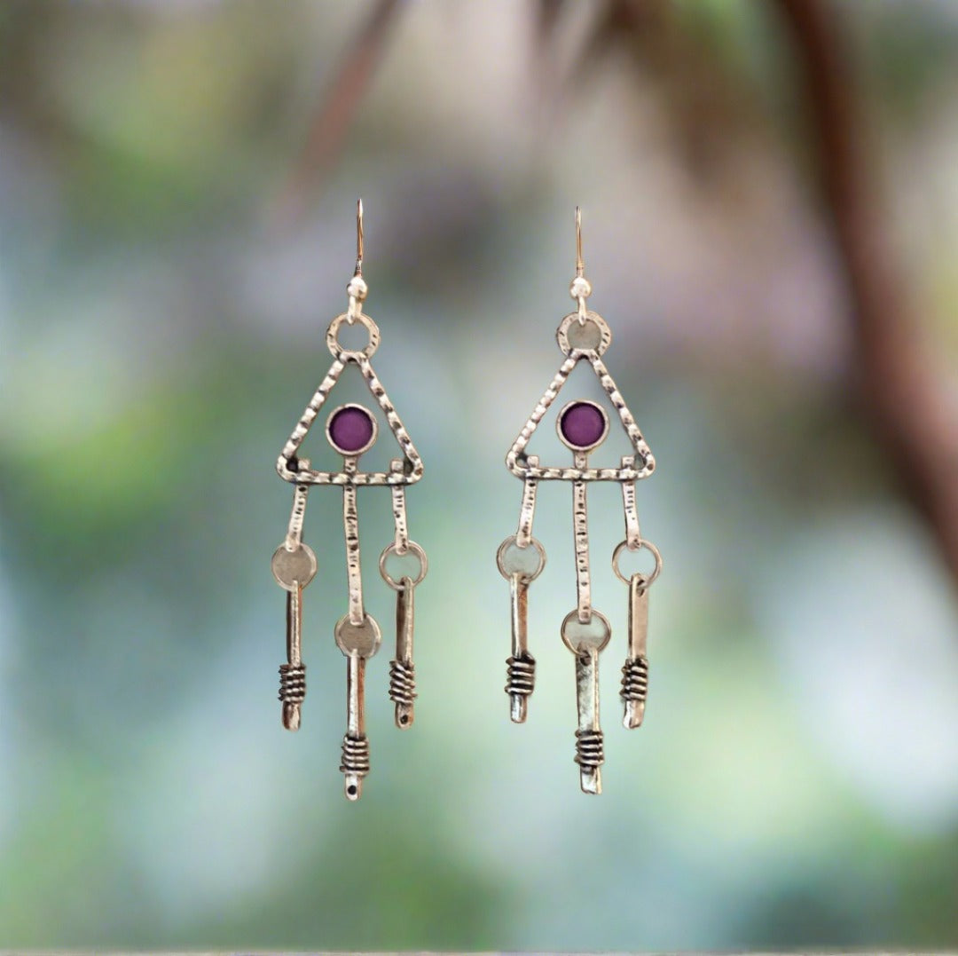 Triangle Tribal Earrings with Purple Accent - Cheeky Goddess