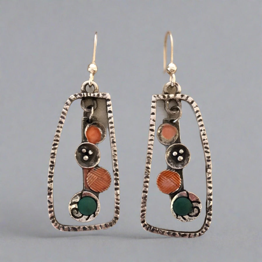 Rectangular Frame with Circle Interior Earrings with Copper and Green Accent Colors - Cheeky Goddess