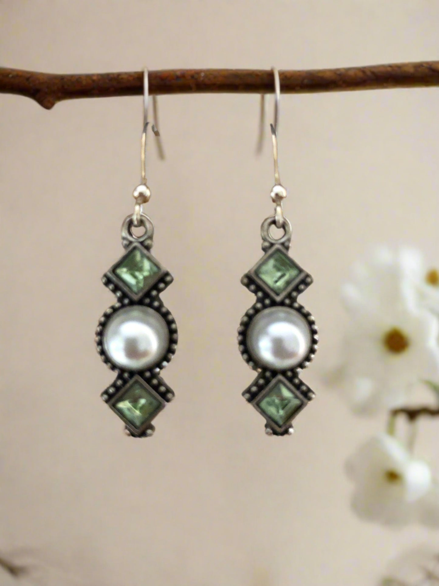 Pearl and Green Glass Drop Earrings - Cheeky Goddess