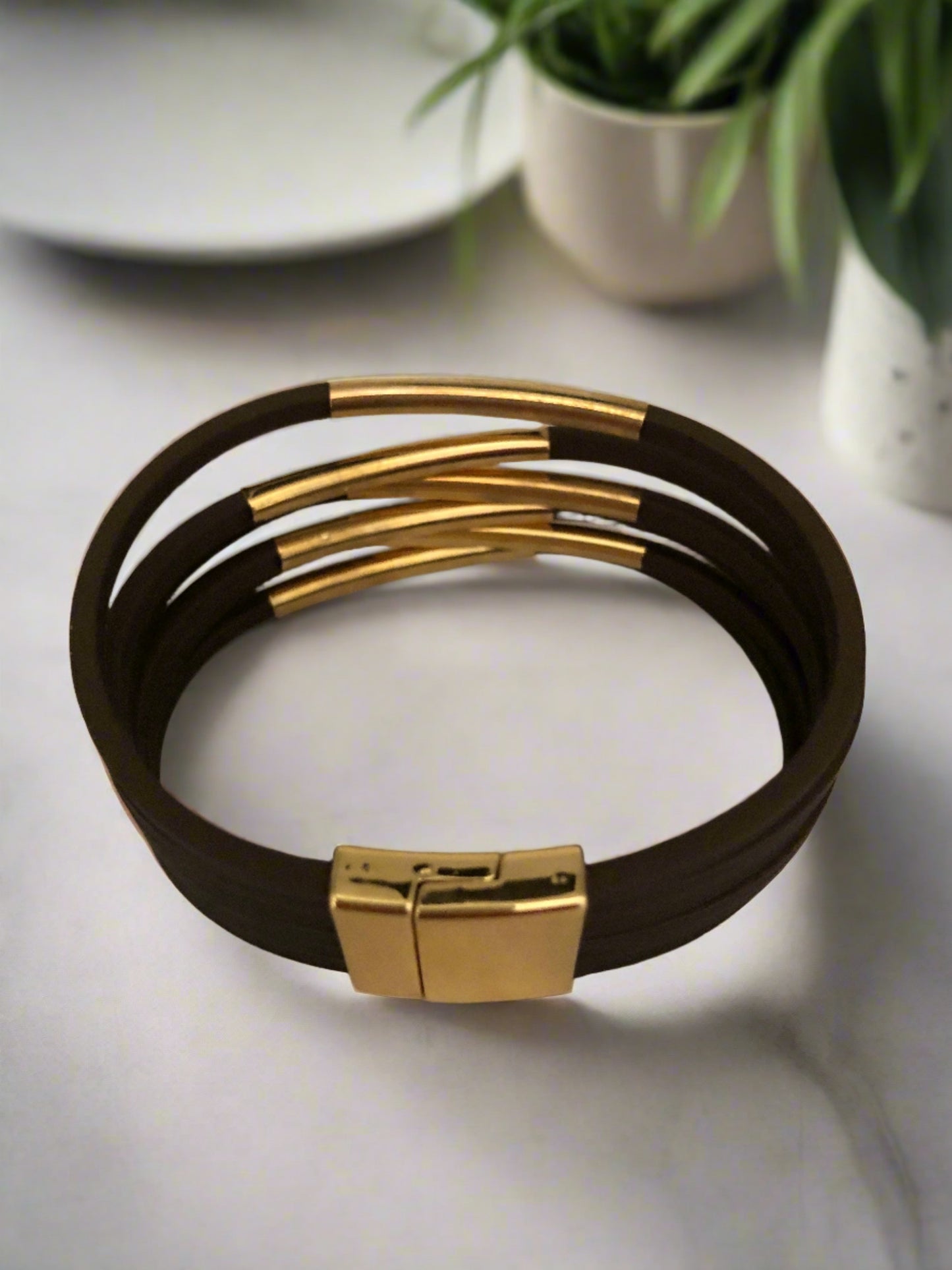 Brown with Gold Accents Magnetic Clasp Bracelet - Cheeky Goddess