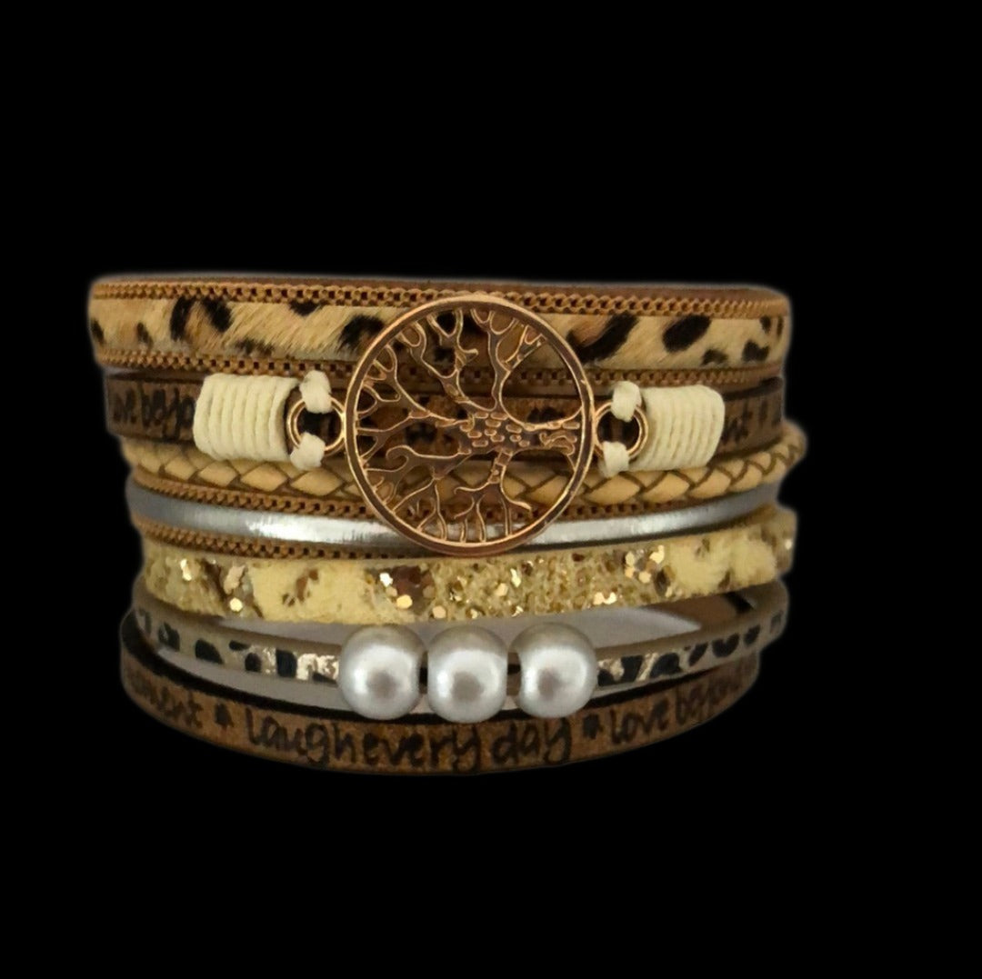 Brown Toned Magnetic Tree of Life Bracelet with Gold, Leopard Print, Pearl and Message Accents - Cheeky Goddess