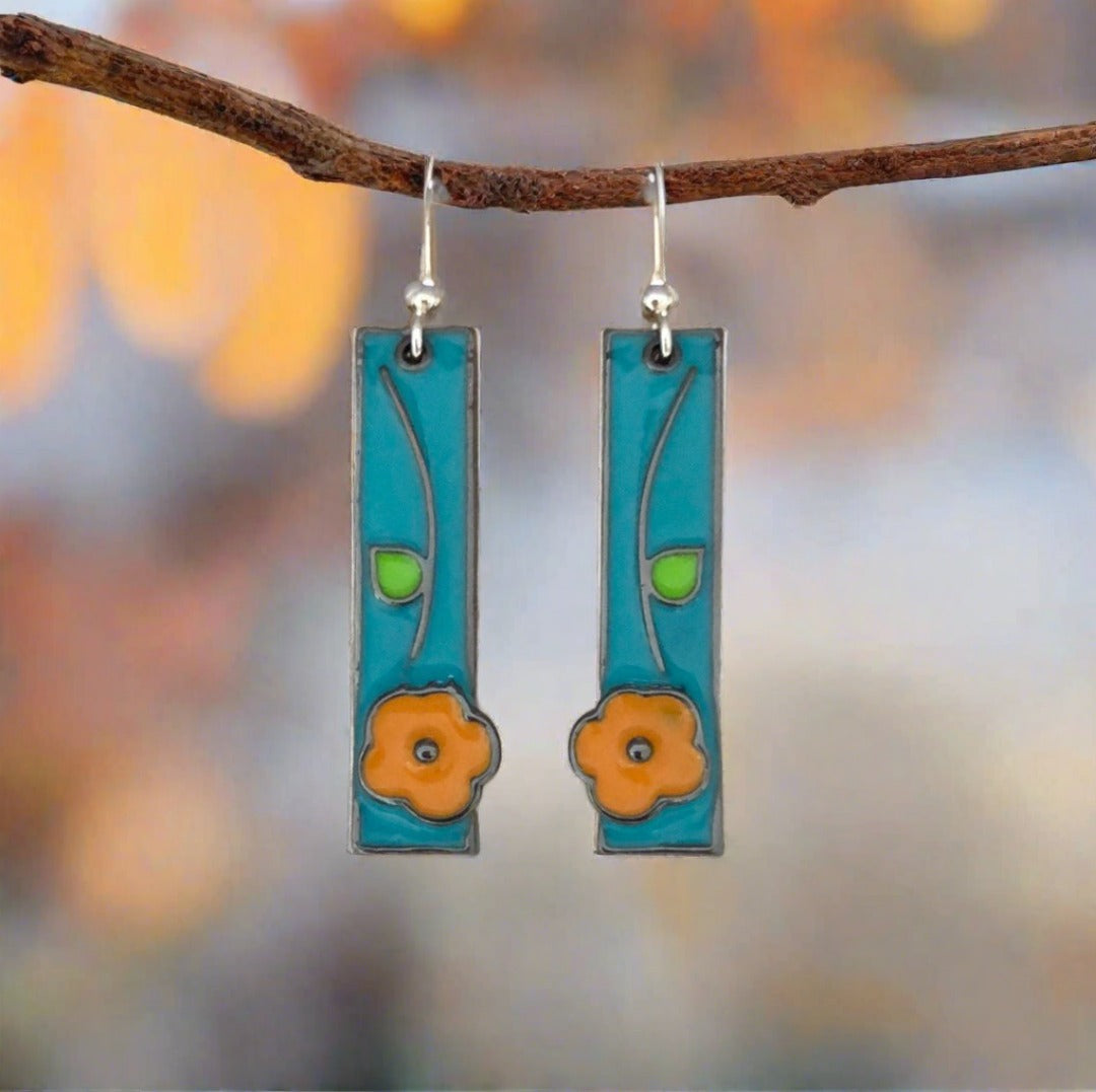 Rectangular Enamel Earrings - Blue with Orange Flower - Cheeky Goddess