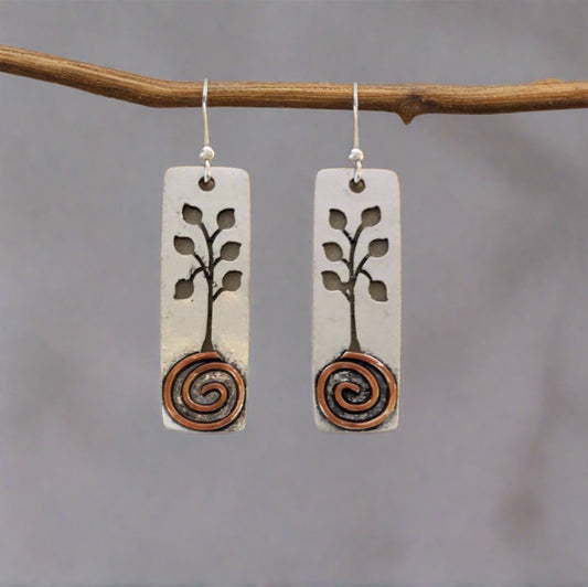 Rectangular Tree with Leaf Cutouts and Copper Colored Swirl Earrings - Cheeky Goddess