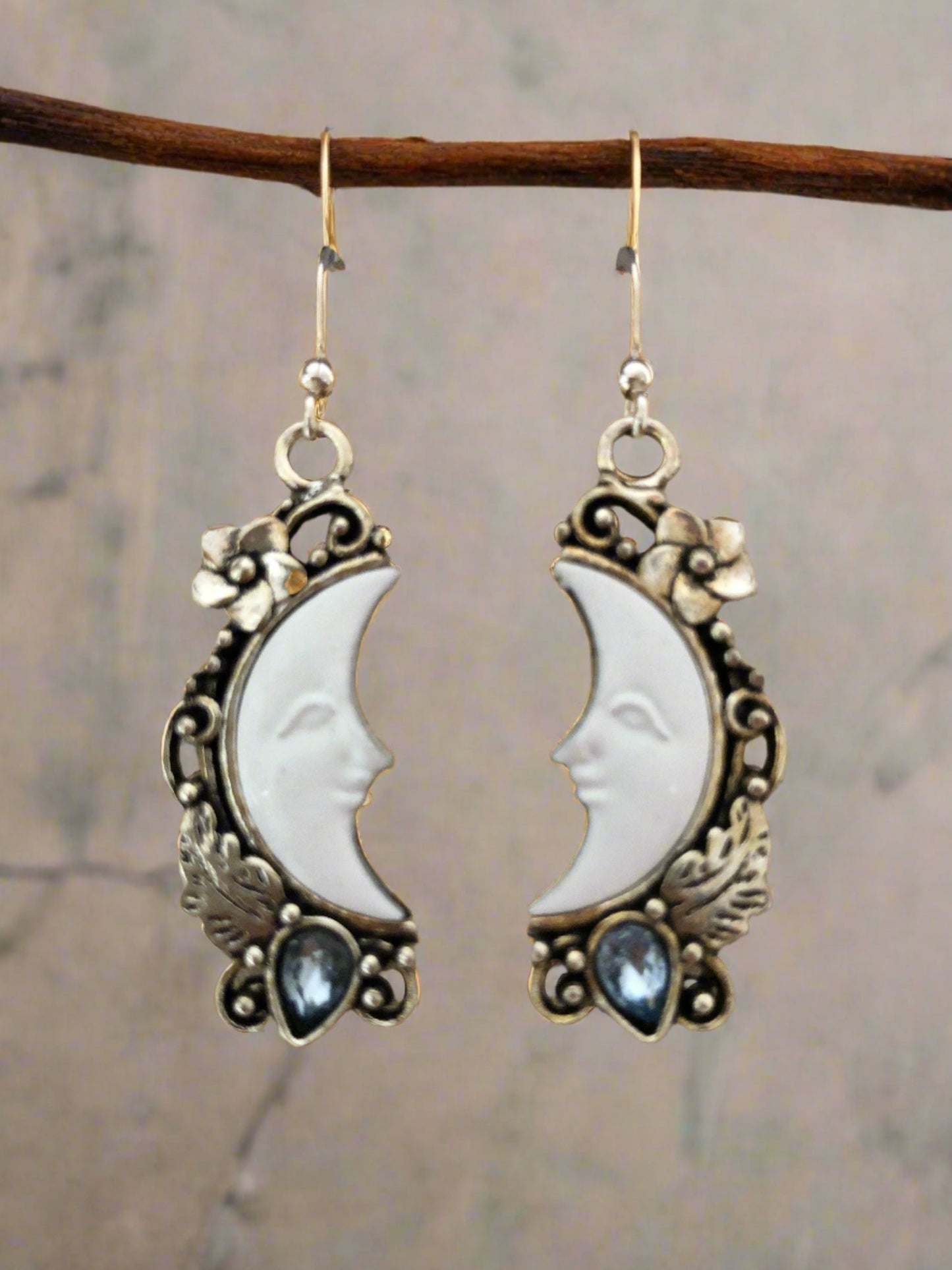 Crescent Moon Earrings with Blue and Flower Accents - Cheeky Goddess