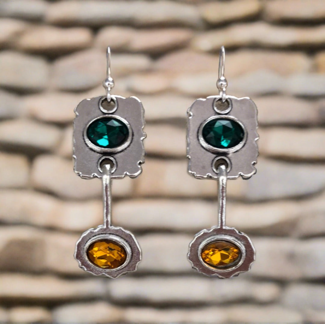 Silver Metallic Drop Earrings with Green and Gold Faceted Accents - Cheeky Goddess