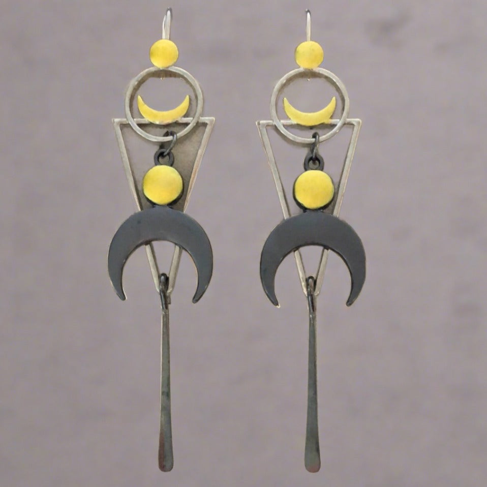 Moon with Triangle and Circle Shapes Earrings with Grey and Yellow Accents - Cheeky Goddess