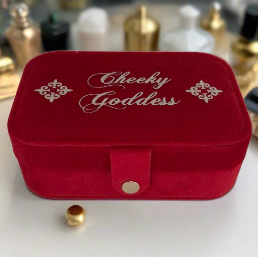 Custom Name Velvet Jewellery Box - Red - Personalized Gifts for Her - For Dresser or Travel - Cheeky Goddess