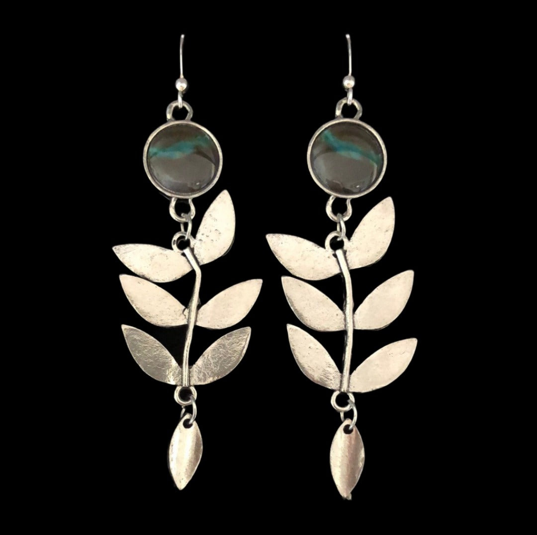 Leaf Stem Drop Earrings with Blueish Accent - Cheeky Goddess