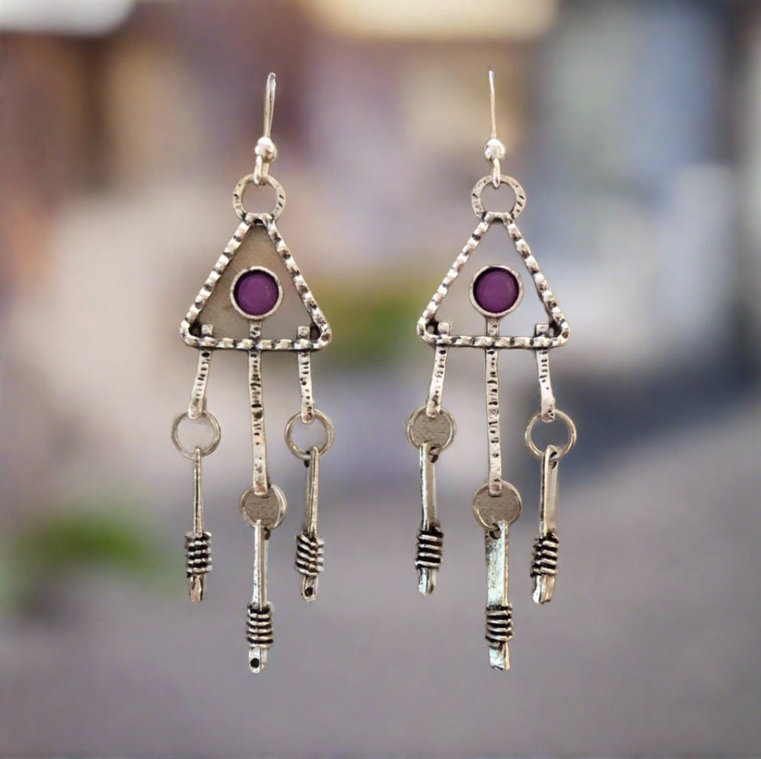 Triangle Tribal Earrings with Purple Accent - Cheeky Goddess