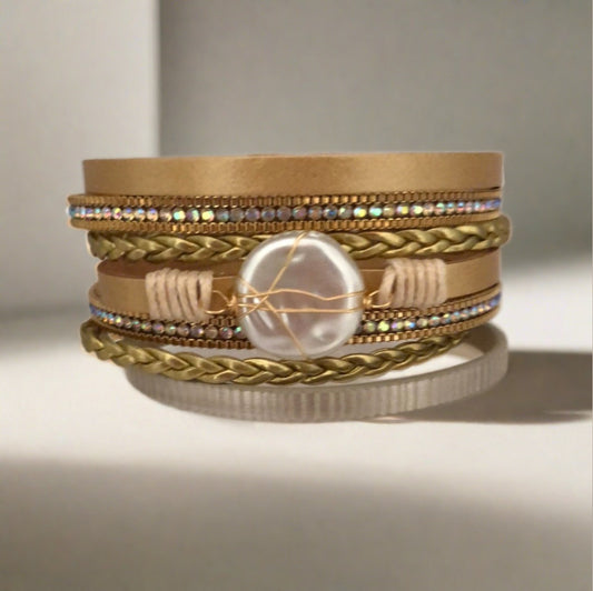 Brown Toned Magnetic Bracelet with Gold, Diamante and Pearl Accents - Cheeky Goddess