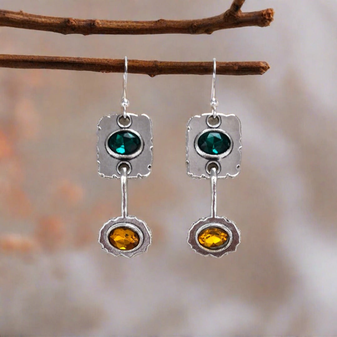 Silver Metallic Drop Earrings with Green and Gold Faceted Accents - Cheeky Goddess