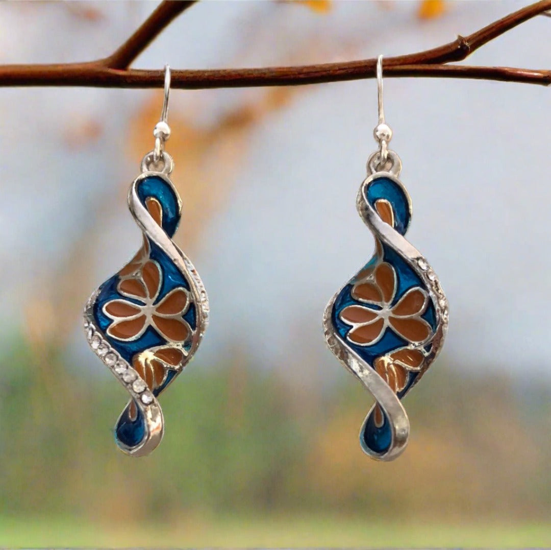 Enamel Blue Swirl Earrings with Brown Flowers and Diamente Side Accent - Cheeky Goddess