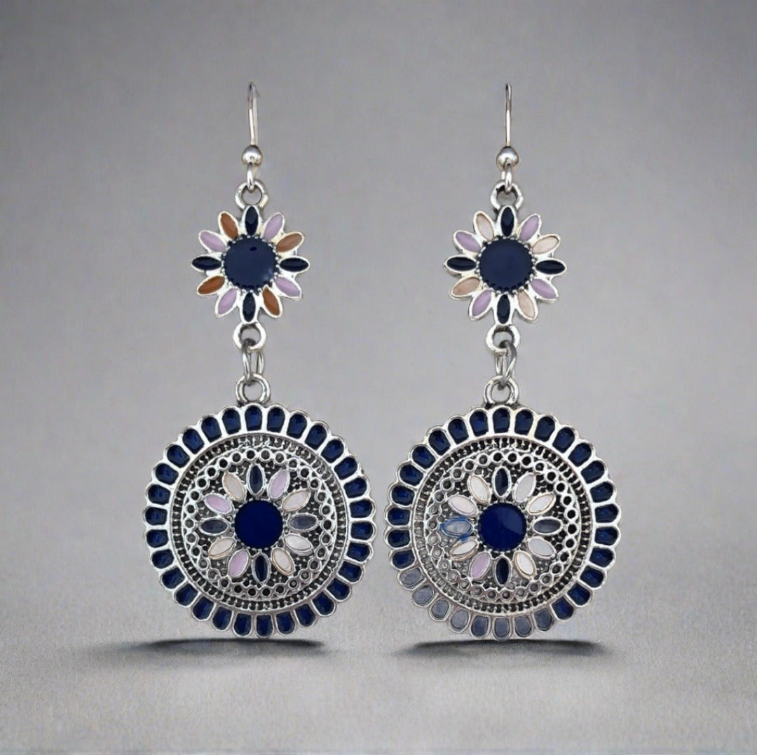 Enamel Flower Earrings with Dark Blue, Pink and Orange Accents - Cheeky Goddess