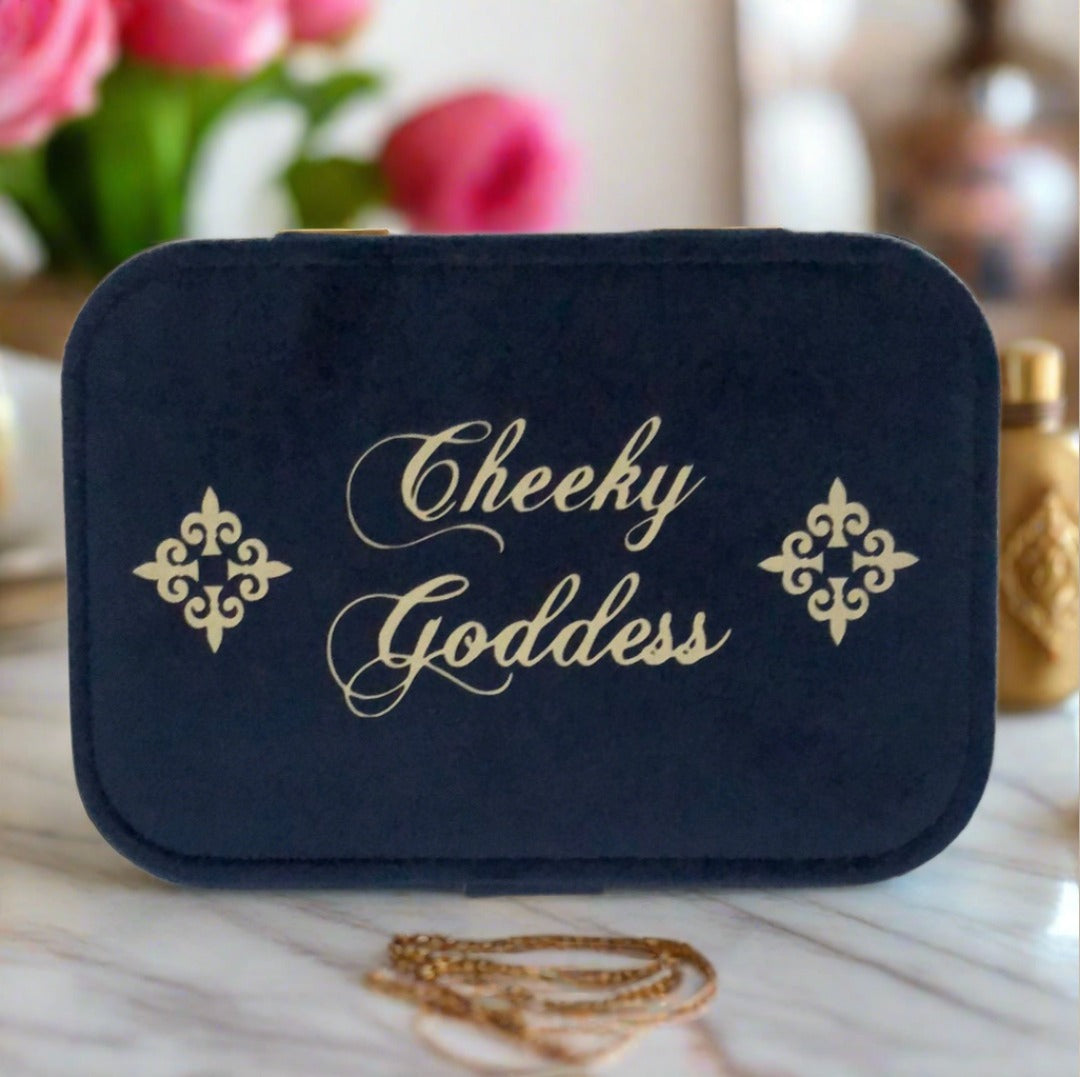 Custom Name Velvet Jewellery Box - Dark Blue - Personalized Gifts for Her - For Dresser or Travel - Cheeky Goddess