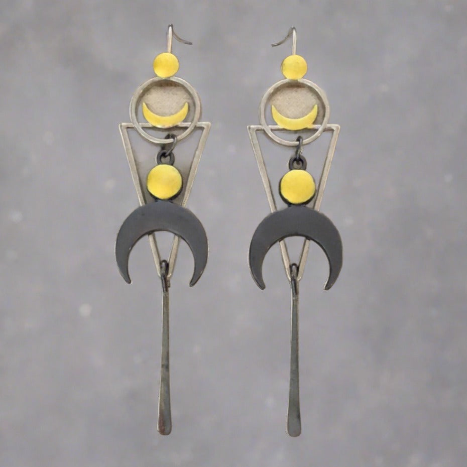 Moon with Triangle and Circle Shapes Earrings with Grey and Yellow Accents - Cheeky Goddess