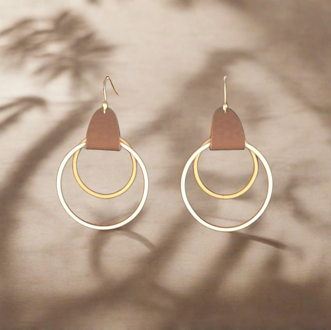 Circle Earrings with Leather Tab and Gold Accent - Cheeky Goddess