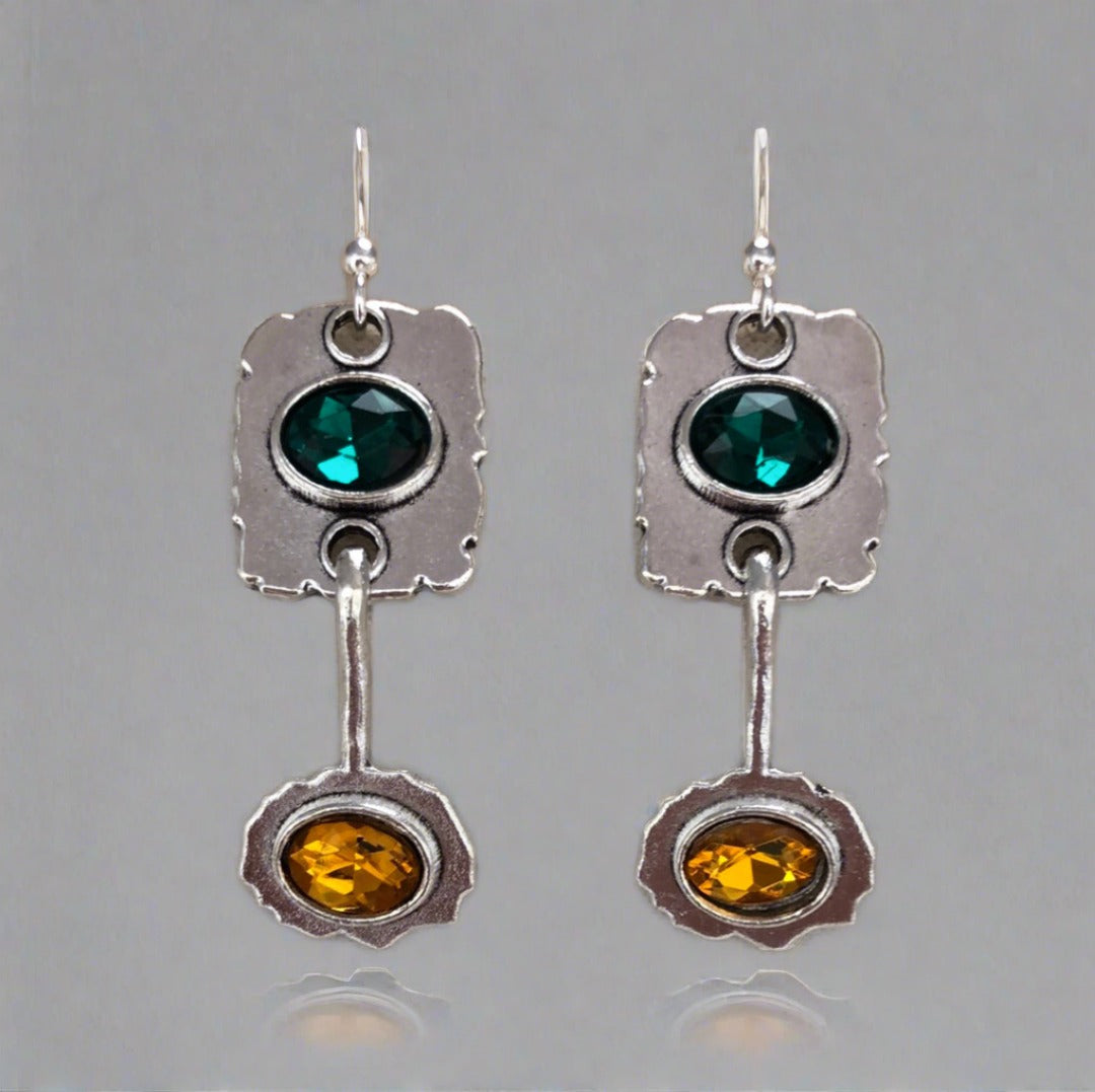 Silver Metallic Drop Earrings with Green and Gold Faceted Accents - Cheeky Goddess