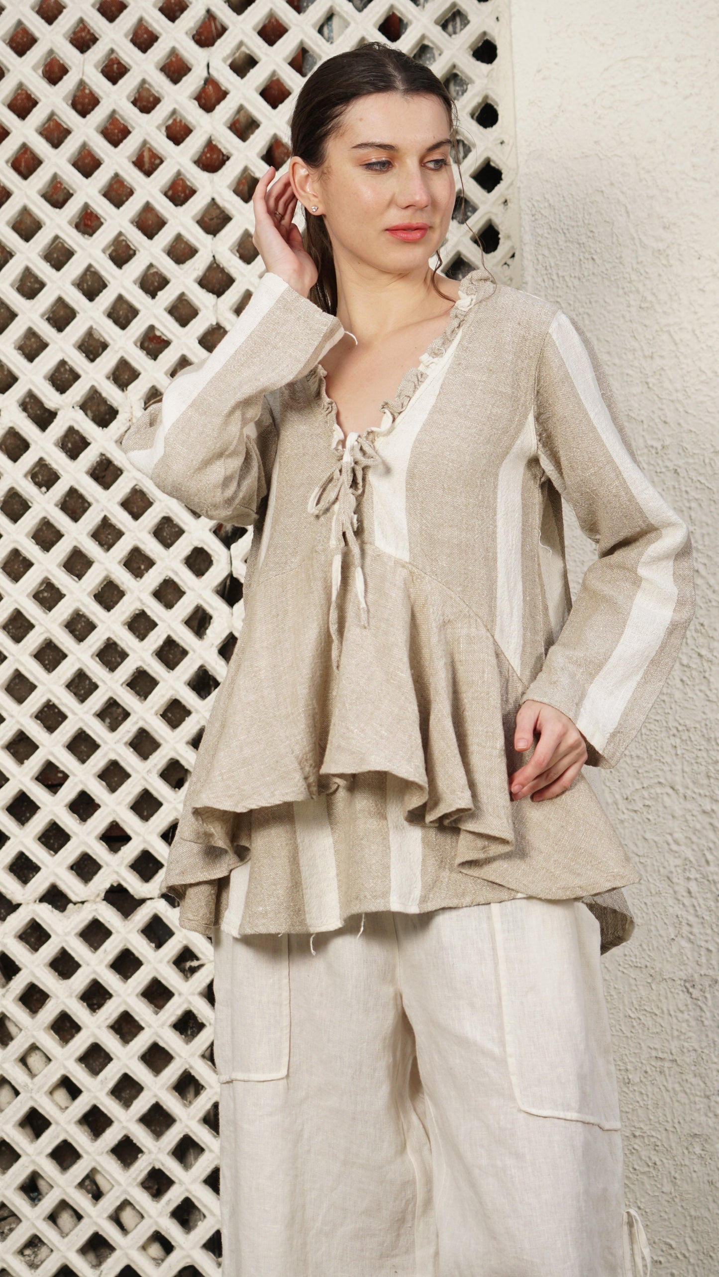 Napoleon Linen Blend Top in Cream - ML Size 14 to 16 - LAST ONE