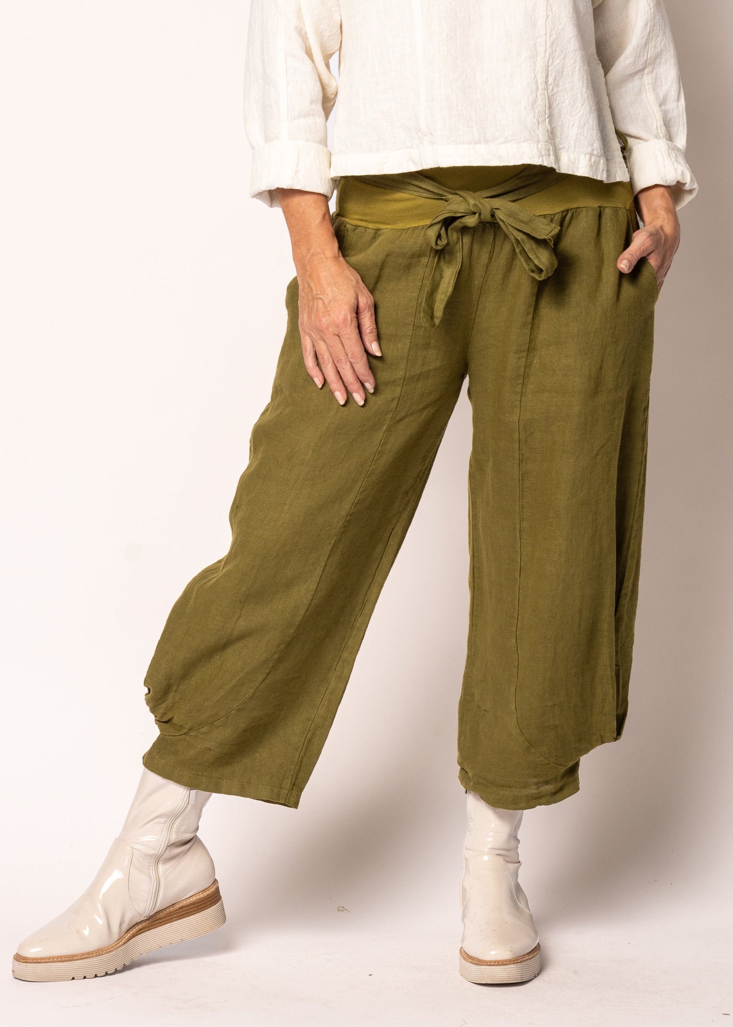Addison Linen Pant in Green Olive