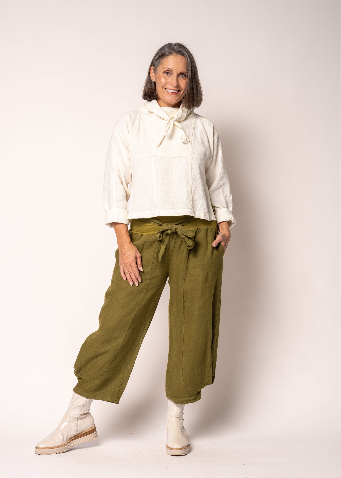 Addison Linen Pant in Green Olive