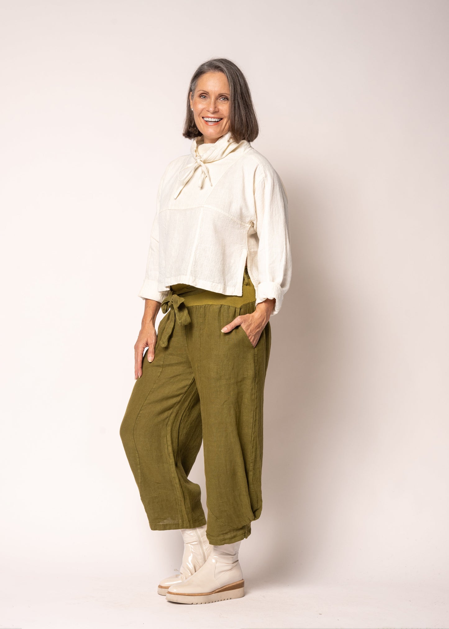 Addison Linen Pant in Green Olive
