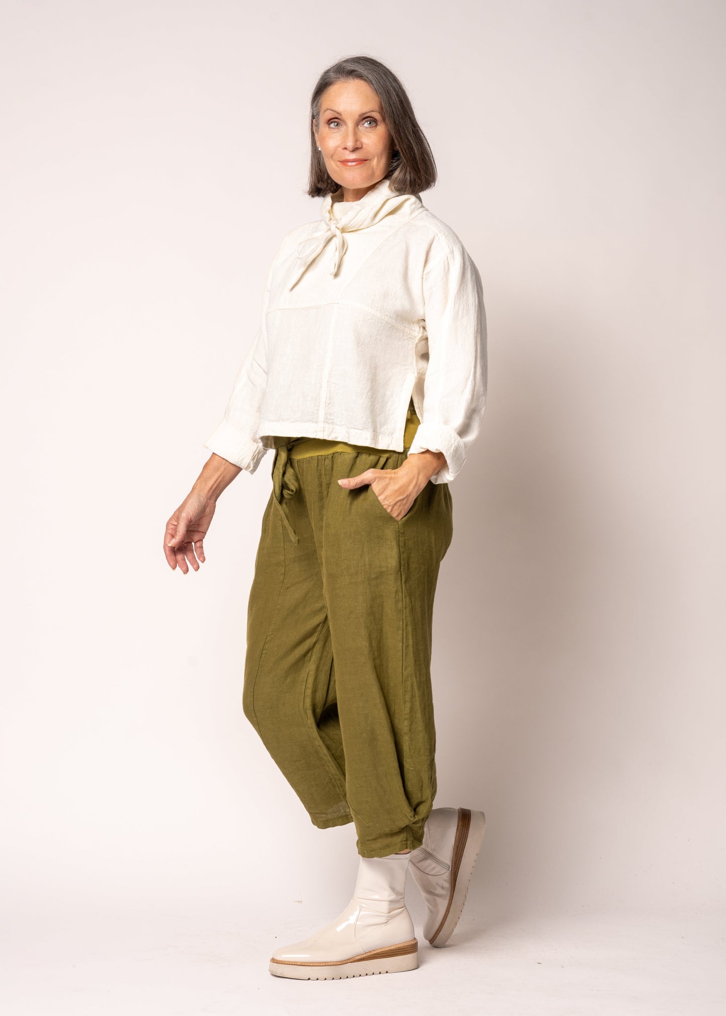 Addison Linen Pant in Green Olive