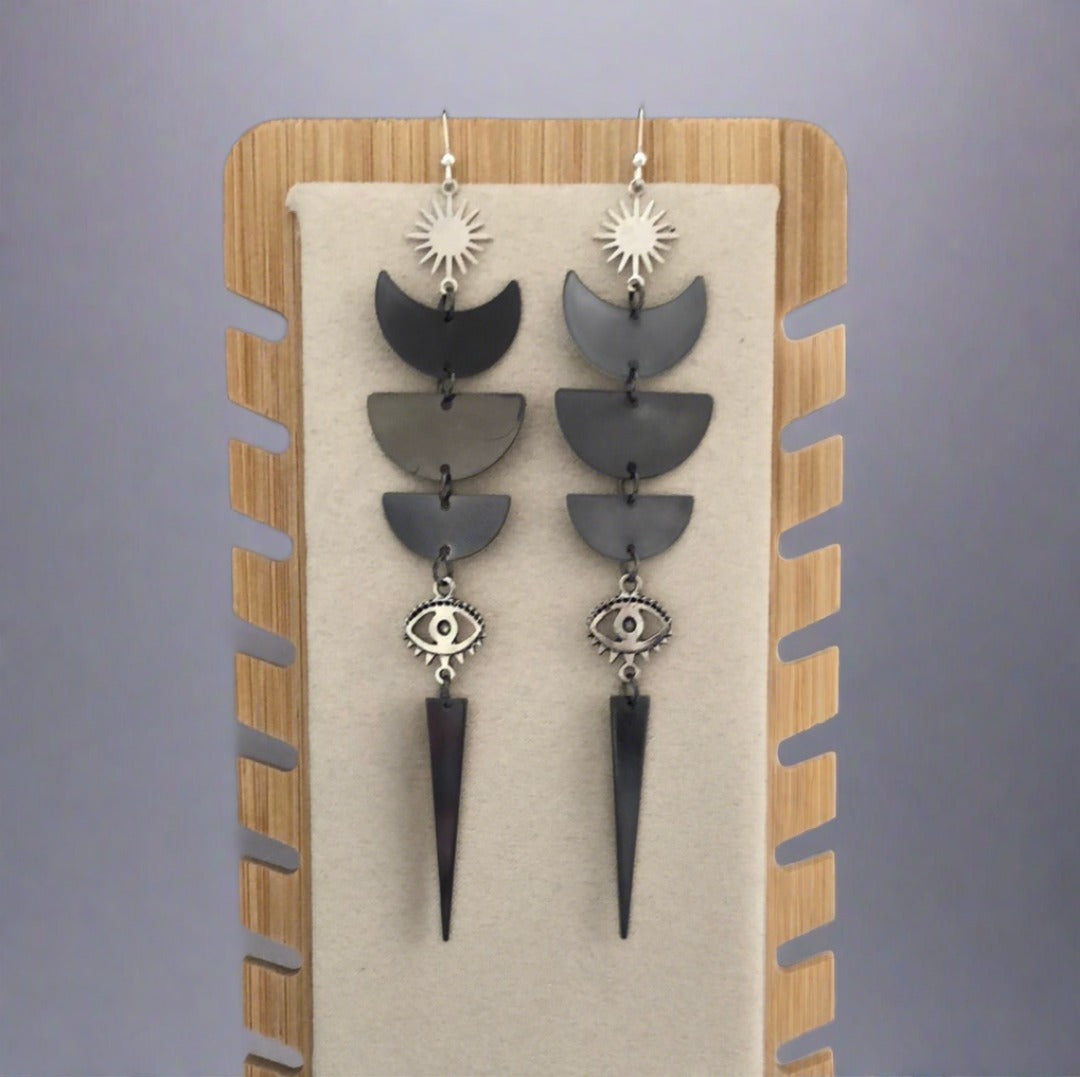 Drop Earrings with Sun, moon and Eye - Black and Silver - Cheeky Goddess