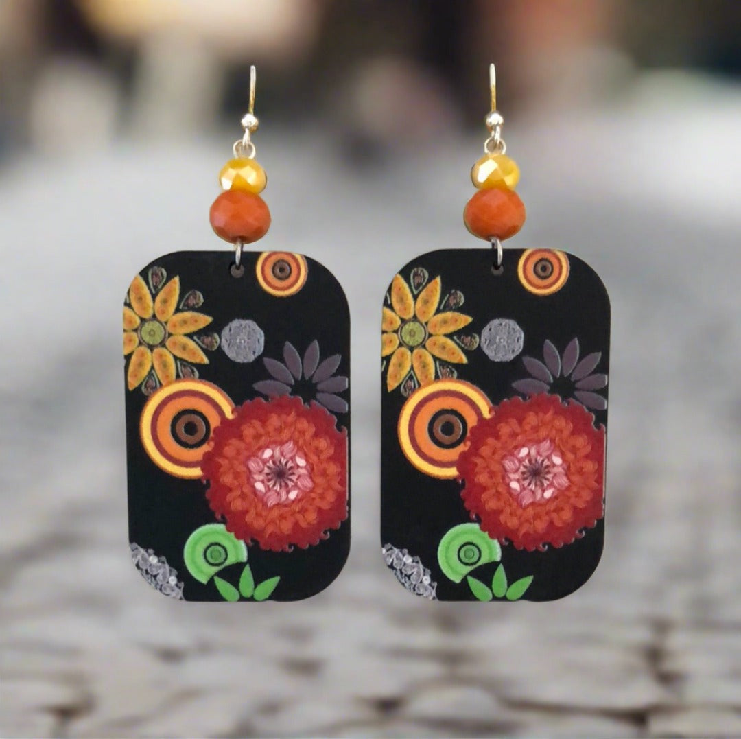 Rectangular Drop Earrings with Flowers - Cheeky Goddess