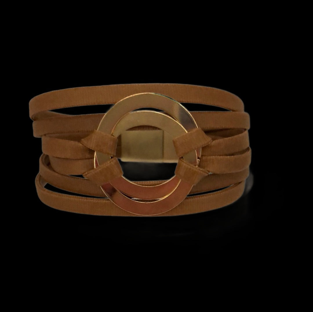 Brown PU Leather Magnetic Bracelet with Gold Circle Accents - Cheeky Goddess