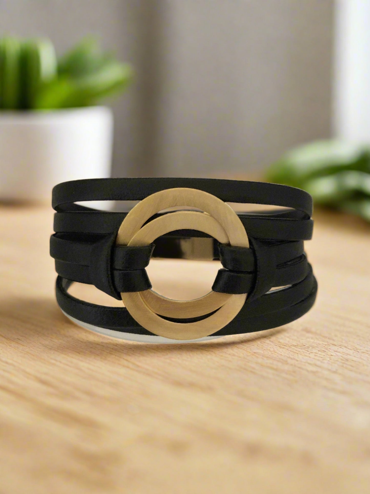 Black PU Leather Bracelet with Gold Circles and Magnetic Clasp - Cheeky Goddess