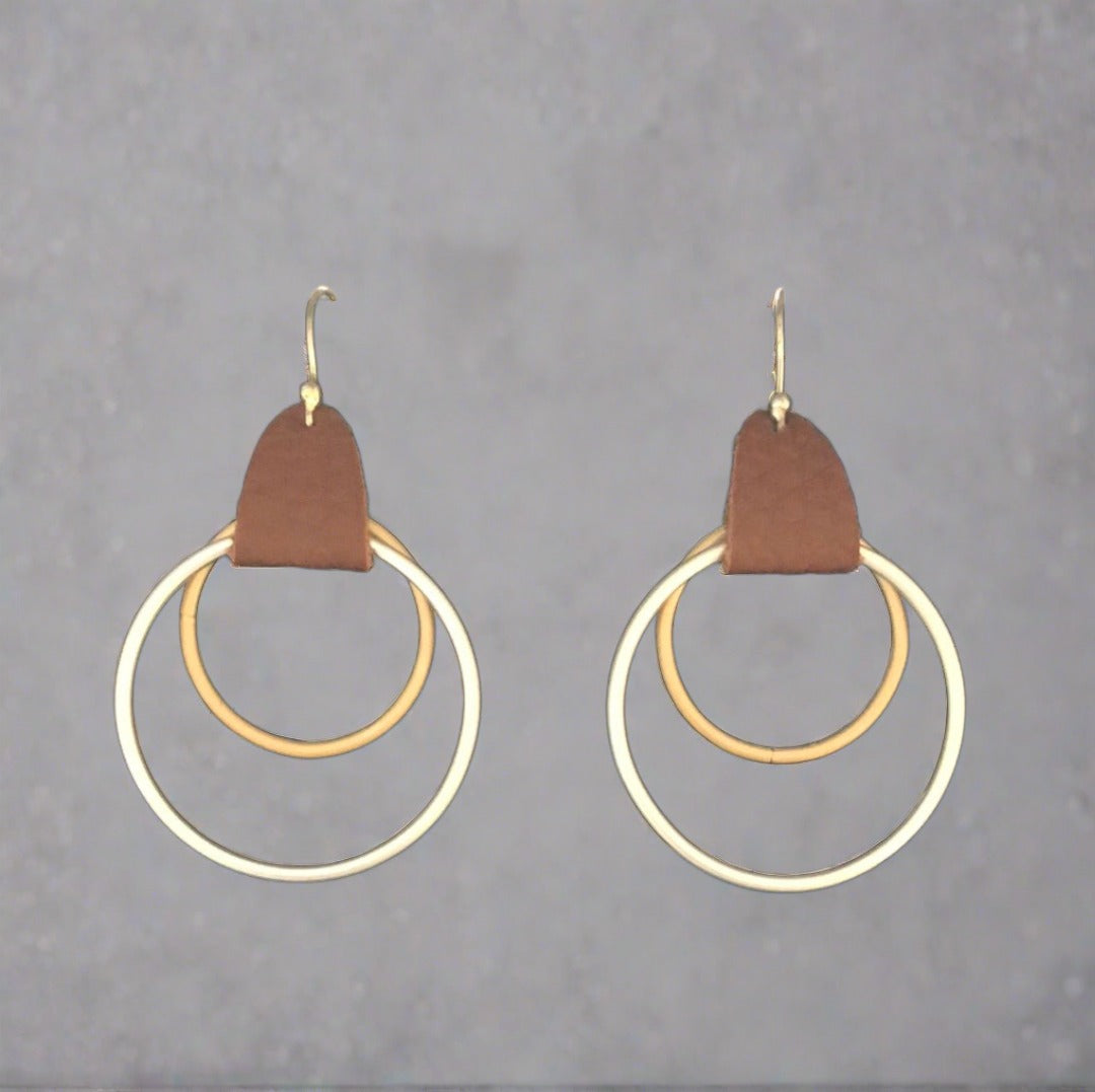 Circle Earrings with Leather Tab and Gold Accent - Cheeky Goddess