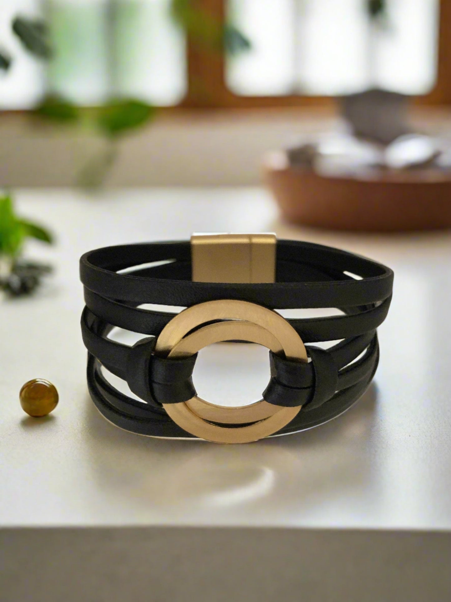 Black PU Leather Bracelet with Gold Circles and Magnetic Clasp - Cheeky Goddess